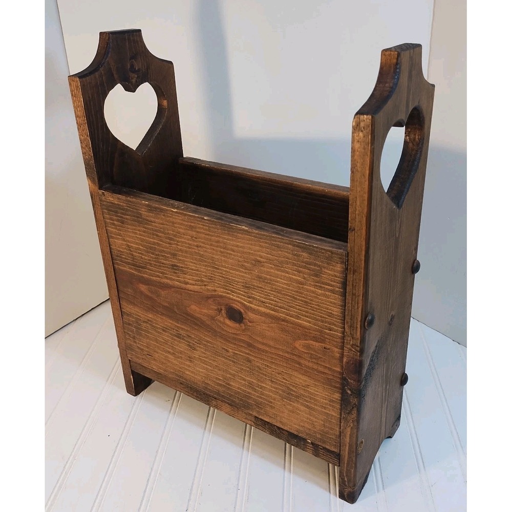 VTG Wood Magazine Holder Heart Cutouts Cottagecore Farmhouse Decor Freestanding
